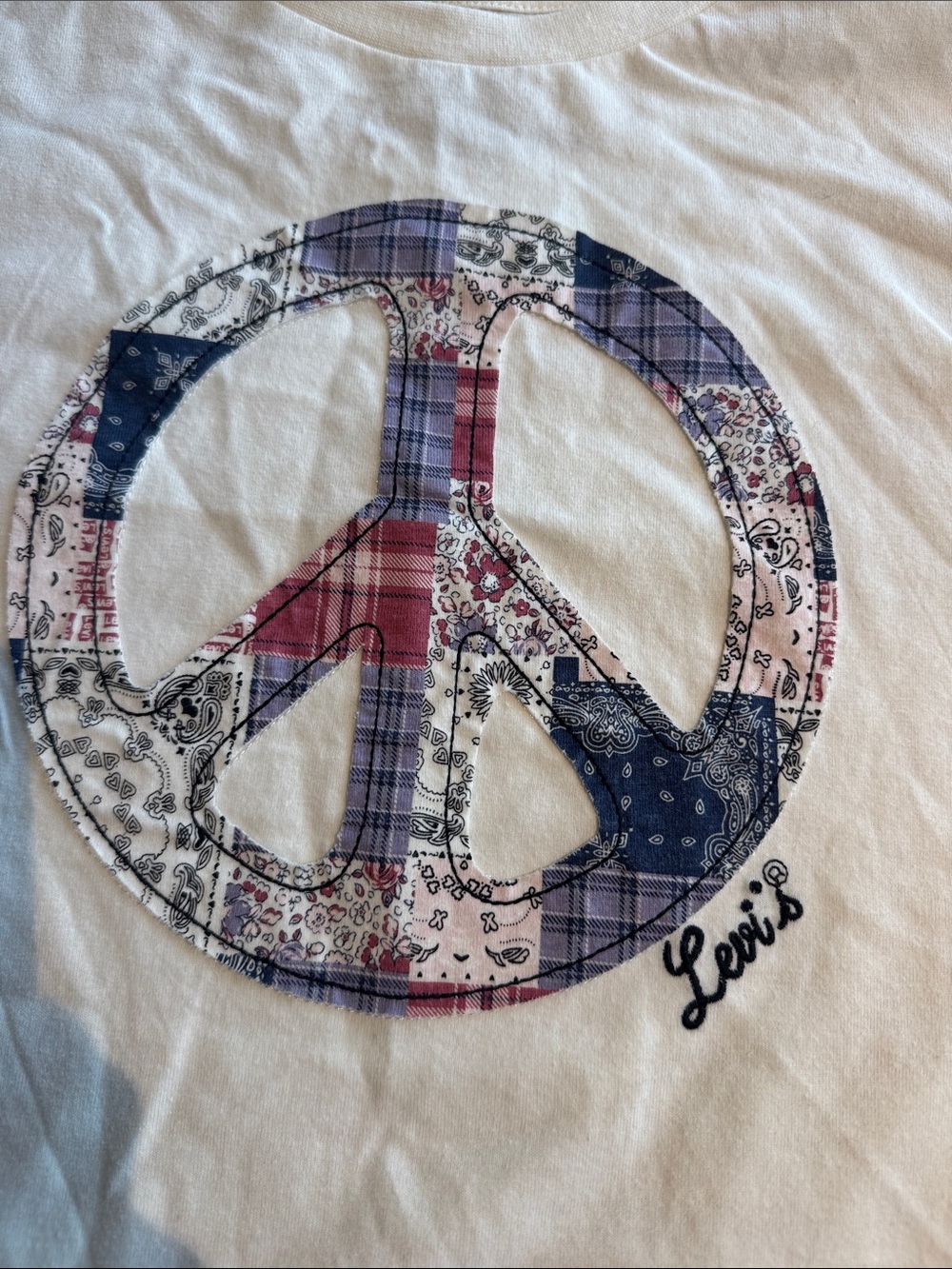 Levi's White Tee with Red & Blue Patchwork Peace Graphic - Picture 4 of 6